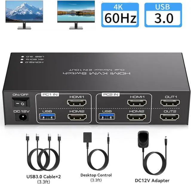 Dual Monitor HDMI KVM Switch 2 Port HDMI KVM Switch Support 4K 60Hz USB 3.0 KVM Switches for 2 Computers Share 2 Monitors and 4 USB 3.0 Ports Such as Keyboards Mice Printers and U Disk