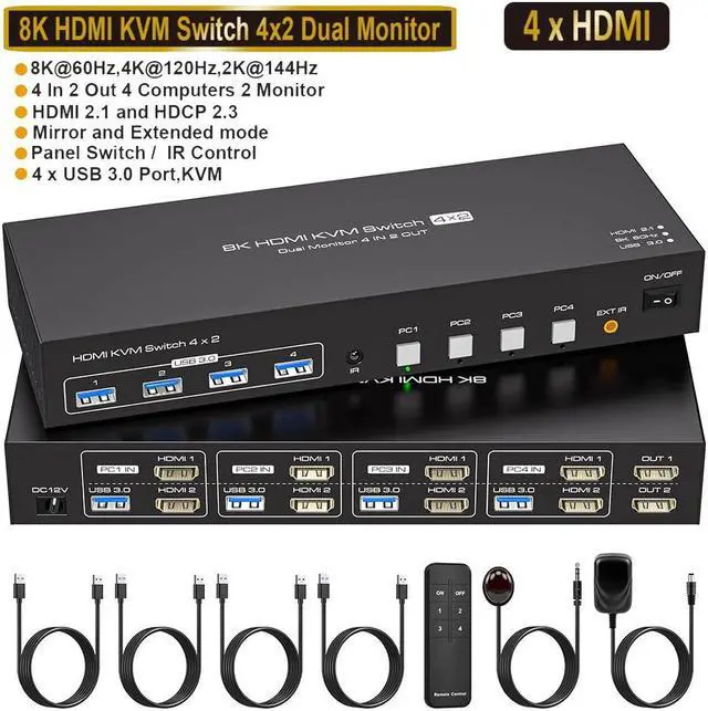 Dual Monitor HDMI KVM Switch 4 Computers 2 Monitors 8K 60Hz 4K 120Hz 4 Port KVM Switches for 4 PC Share 4 USB 3.0 Devices Support Copy and Extend Mode Includes Remote Control and Power Adapter