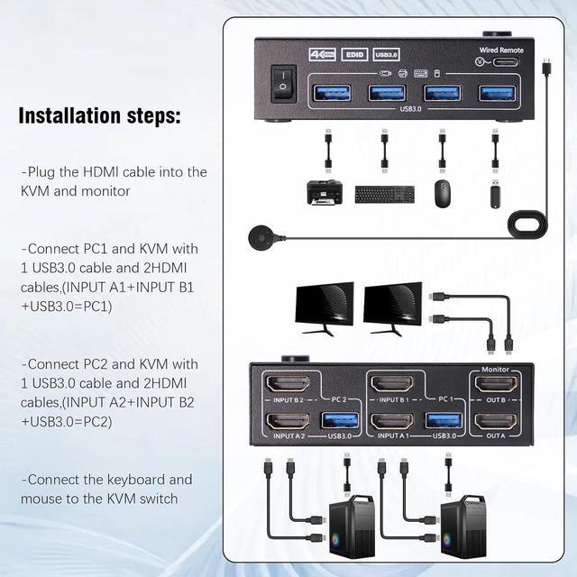 Dual Monitor HDMI KVM Switch 4K 60Hz Simulation EDID 2 Port HDMI USB 3.0 KVM Switch For 2 Monitors 2 Computers Support Copy And Extended Display With HDMI And USB 3.0 Cables & Wired Controller
