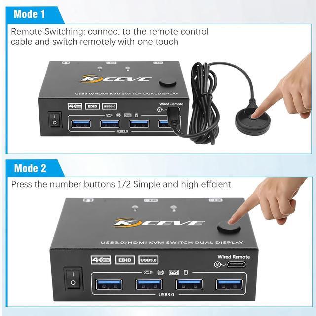 Dual Monitor HDMI KVM Switch 4K 60Hz Simulation EDID 2 Port HDMI USB 3.0 KVM Switch For 2 Monitors 2 Computers Support Copy And Extended Display With HDMI And USB 3.0 Cables & Wired Controller