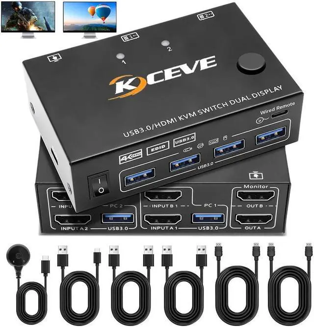 Dual Monitor HDMI KVM Switch 4K 60Hz Simulation EDID 2 Port HDMI USB 3.0 KVM Switch for 2 Monitors 2 Computers Support Copy and Extended Display with HDMI and USB 3.0 Cables & Wired Controller