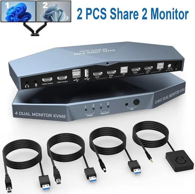 Dual Monitor HDMI KVM Switch for 2 Computers Share 2 Monitors 4K 60Hz Extended Display Dual Monitors KVM Switch with Audio Microphone Out and 3 USB 2.0 ports PC Monitor Keyboard Mouse Switcher