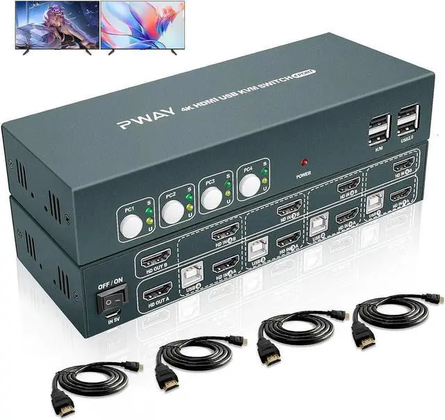 Dual Monitor HDMI KVM Switch for 4 Computer Extended Display 4 Port 4 Computers Share 2 Monitors USB 2.0 Hub with Hotkey Switch UHD 4K 30Hz Downward Compatible No Adapter Required