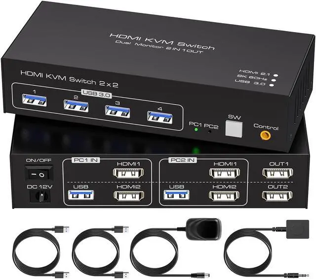 Dual Monitor HDMI KVM Switch HDMI 2 Port 8K 60Hz USB HDMI Extended Display Switcher for 2 Computers Share 2 Monitors and 4 USB 3.0 Hub Desktop Controller and USB HDMI Cables Included