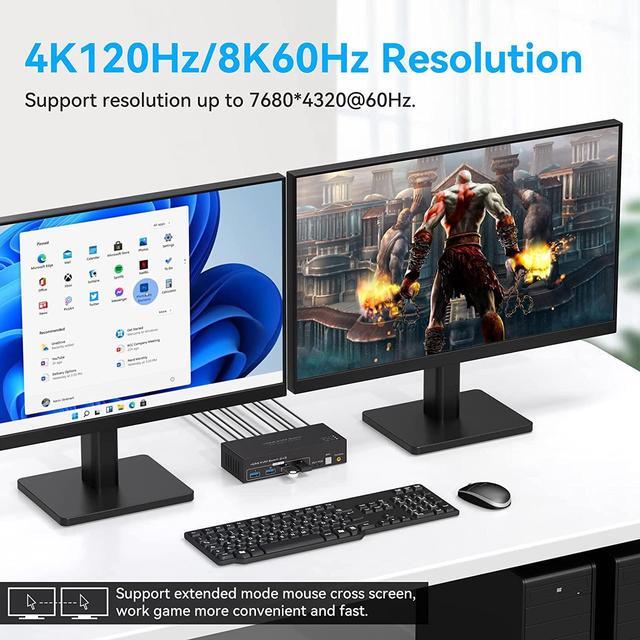 Dual Monitor HDMI KVM Switch USB 3.0 2 Port HDMI 4K 120HZ 8K 60HZ KVM Switcher HDMI For 2 Computers 2 Monitors With 4 Ports USB 3.0 Support Copy And Extended Display And Desktop Control