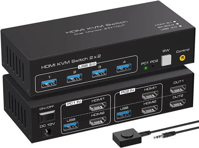 Dual Monitor HDMI KVM Switch USB 3.0 2 Port HDMI 4K 120HZ 8K 60HZ KVM Switcher HDMI for 2 Computers 2 Monitors with 4 Ports USB 3.0 Support Copy and Extended Display and Desktop Control