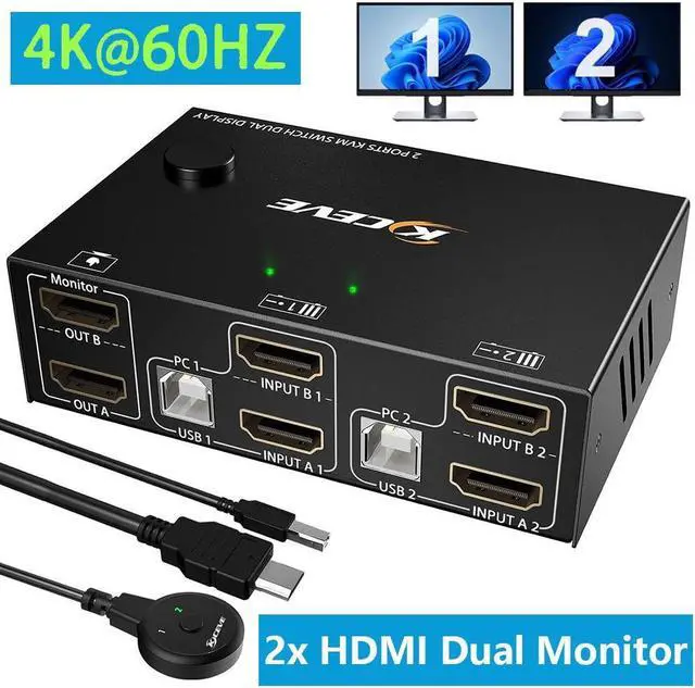 Dual Monitor HDMI KVM Switch USB HDMI Extended Display Switcher for 2 PCs Share 2 Monitors and 4 USB 2.0 Hub 2 Port HDMI Dual Monitor KVM Switch 2 in 2 Out Desktop Controller and USB Cable Included
