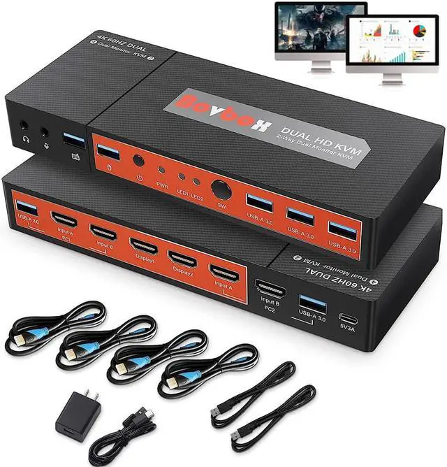 Dual Monitor HDMI KVM Switcher2 in 2 Out 2 Port Dual Monitor Extended Display 4K 60Hz 4:4:4 HDMI KVM Switch for 2 Monitors 2 Computers with 3 USB 3.0 Hub Audio Hotkey & Button Switching