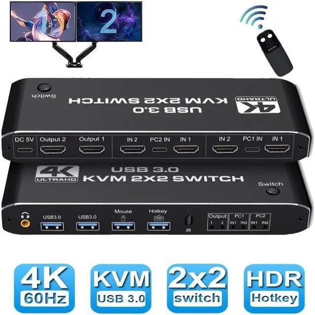 Dual Monitor HDMI USB 3.0 KVM Switch 2x2 USB3.0 HDMI KVM Switch 2 in 2 Out 4K 60Hz HDMI KVM Switcher 2x2 Mixed Display 2 Monitors 2 Computer for PC laptop