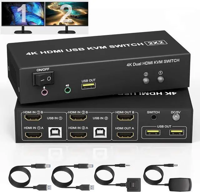 Dual Monitor KVM Switch 2 Monitors 2 Computers 2 Port 4K 60Hz HDMI KVM Switch Share 2 Monitor Audio Mic Port and 3 USB Ports Support Extended and Copy Mode PC Monitor Keyboard Mouse Switcher