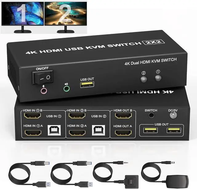 Dual Monitor KVM Switch 2 Monitors 2 Computers 2 Port 4K 60Hz HDMI KVM Switch Share 2 Monitor Audio Mic Port and 3 USB Ports Support Extended and Copy Mode PC Monitor Keyboard Mouse Switcher