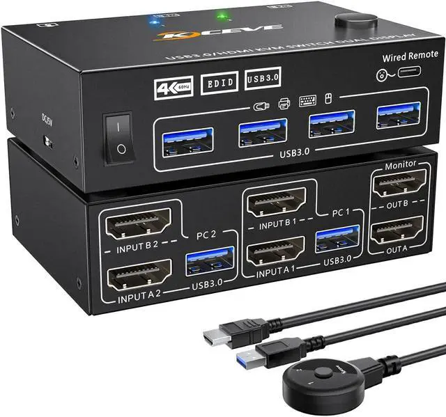 Dual Monitor KVM Switch 2 Port 4K 60Hz 2K 144Hz Simulation EDID HDMI USB 3.0 Switch Extended Display 2 Monitors 2 Computers with HDMI and USB 3.0 Cables Wired Controller