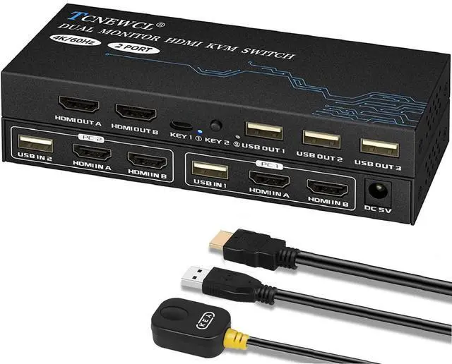 Dual Monitor KVM Switch 4K 60Hz 4K HDMI KVM Switch 2 Monitor 2 Computer for 2 PC Share 2 Monitor and 3 USB Devices with 4 HDMI and 2 USB Cables