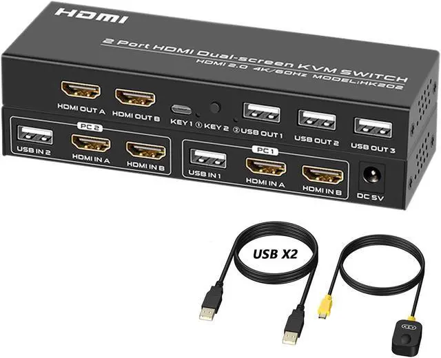 Dual Monitor KVM Switch 4K 60Hz HDMI USB KVM Switcher for 2 Computers Share 2 HD Monitors and 3 USB