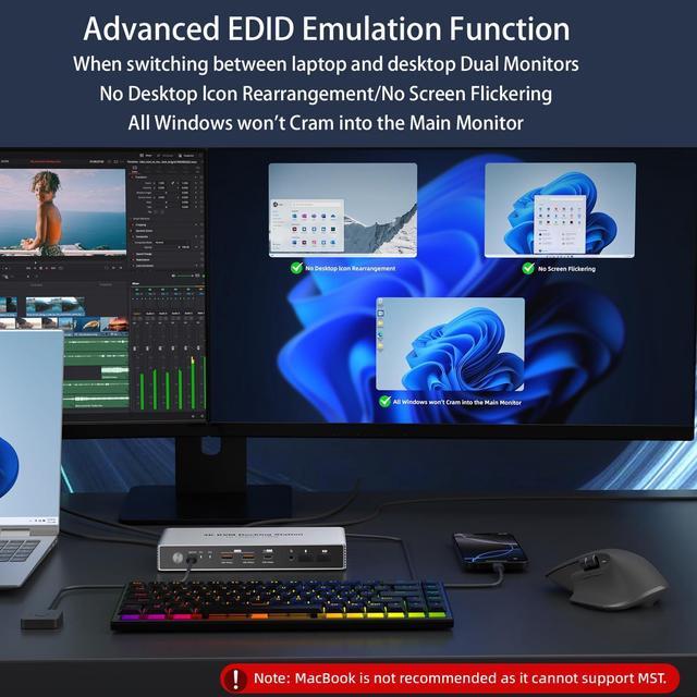 Dual Monitor KVM Switch Docking Station 4K 60Hz For 2 Computers 2 Monitors PC Keyboard Video Mouse Switch Selector Dock With USB C 7.5W And 15W PD Charging