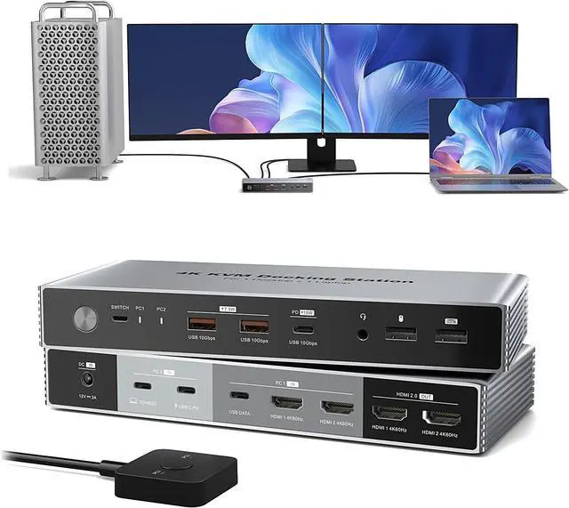 Dual Monitor KVM Switch Docking Station 4K 60Hz for 2 Computers 2 Monitors PC Keyboard Video Mouse Switch Selector Dock with USB C 7.5W and 15W PD Charging