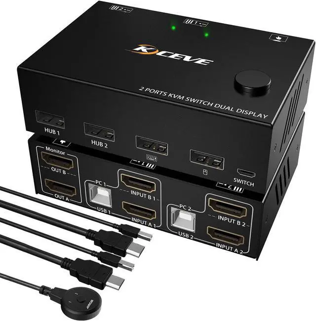 Dual Monitor KVM Switch HDMI 2 Port 4K 30Hz 2 In 2 Out 2 Monitor KVM Switch USB HDMI Extended Display Switcher for 2 PCs Share 2 Monitors and 4 USB 2.0 Hub Desktop Controller and USB Cables Included