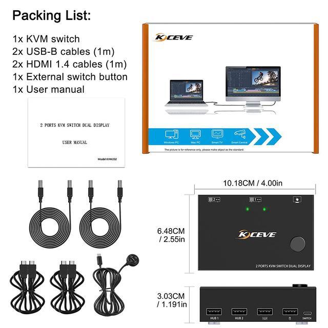 Dual Monitor KVM Switch HDMI 2 Port For 2 Monitors 2 Computers 4K 30Hz Dual Monitor HDMI KVM Switch USB 2.0 Switcher 2 In 2 Out PC Keyboard Mouse Switcher Support Extended And Copy Display