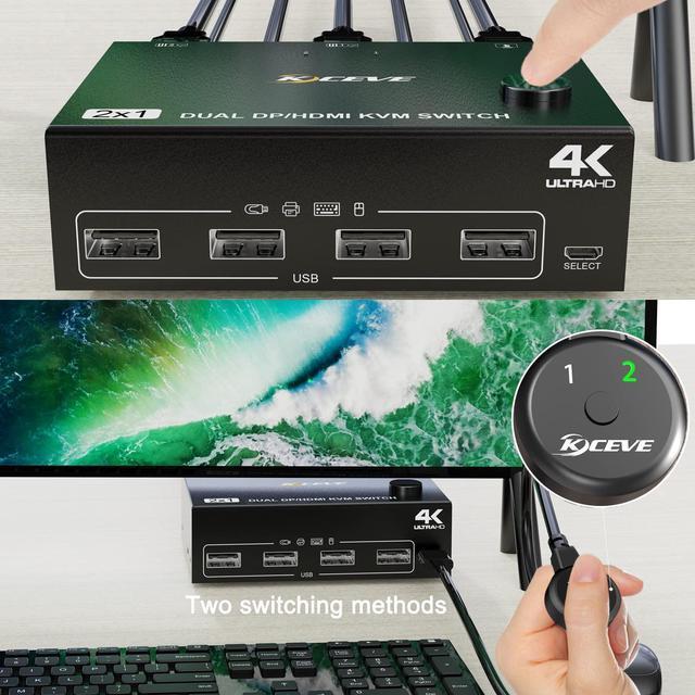 Dual Monitor KVM Switch HDMI And DP 2 Port 4K 60Hz Extended Display Switcher For 2 Computers Share 2 Monitors (1 Displayport And 1 HDMI) With 4 USB 2.0 Hub Desktop Controller And USB HDMI DP Cables