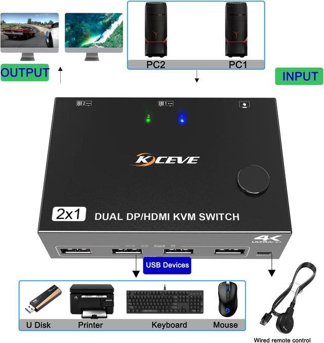 Dual Monitor KVM Switch HDMI And DP 2 Port 4K 60Hz Extended Display Switcher For 2 Computers Share 2 Monitors (1 Displayport And 1 HDMI) With 4 USB 2.0 Hub Desktop Controller And USB HDMI DP Cables