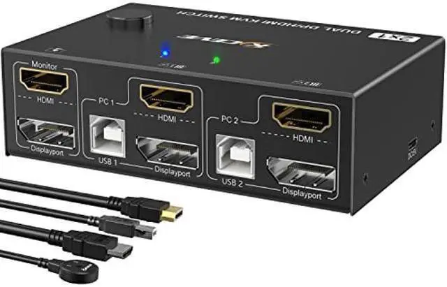 Dual Monitor KVM Switch HDMI+Displayport 4K 60Hz 2K 120Hz MLEEDA HDMI DP Extended Display Switcher for 2 Computers Share 2 Monitors and 4 USB 2.0 Ports Wired Remote and 4 Cables Included