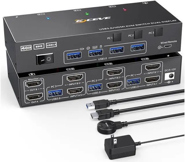 Dual Monitor KVM Switch USB 3.0 HDMI KVM Switch for 2 Monitors 3 Computers 4K 60Hz 2K 144Hz with EDID Emulator Dual Monitor KVM Switch with 4 USB 3.0 Ports Wired Remote and Cables Included
