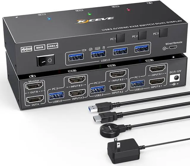 Dual Monitor KVM Switch USB 3.0 HDMI KVM Switch for 2 Monitors 3 Computers 4K 60Hz 2K 144Hz with EDID Emulator Dual Monitor KVM Switch with 4 USB 3.0 Ports Wired Remote and Cables Included