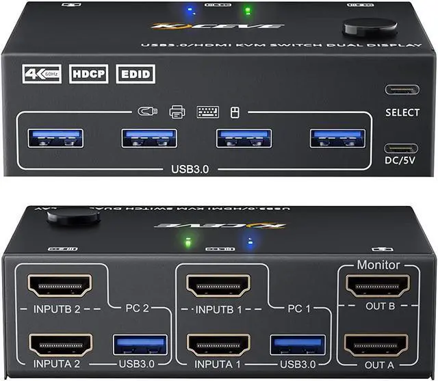 Dual Monitor USB 3.0 HDMI KVM Switch 2 Computers 2 Monitors Dual Monitor HDMI KVM Switcher USB 3.0 Version 4K 60Hz HD Resolution Support Copy and Extended Display
