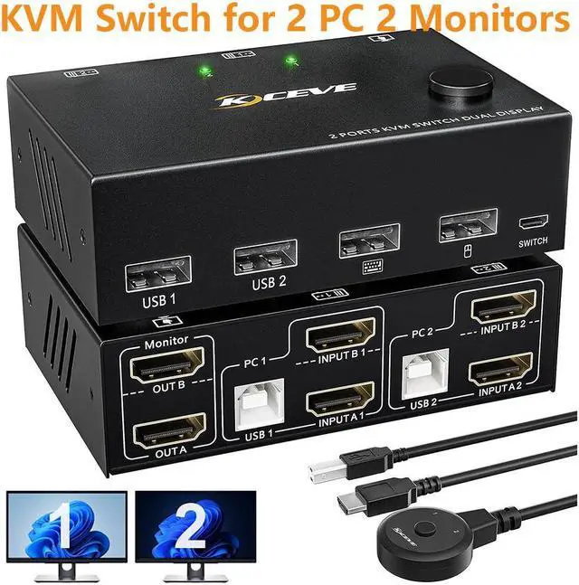 Dual Monitor USB HDMI KVM Switch 2 in 2 Out 2 Port 4K 60Hz HDMI Extended Display Switcher for 2 Computers Share 2 Monitors and 4 USB 2.0 Hub Desktop Controller and HDMI USB Cables Included