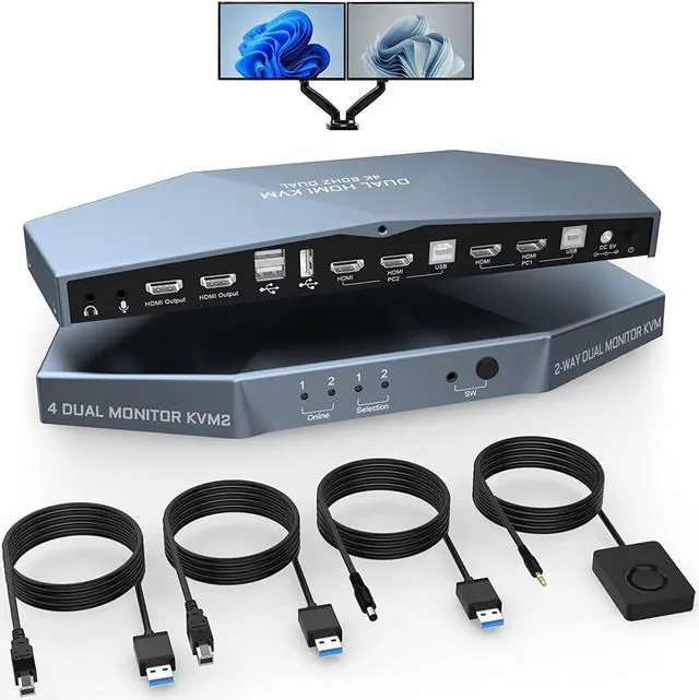 Dual Monitors HDMI KVM Switch 2 Monitors 2 Computers 2 in 2 Out 4K 60Hz Extended Display Dual Monitor KVM Switch with Audio Microphone Output and 3 USB 2.0 Ports PC Screen Keyboard Mouse