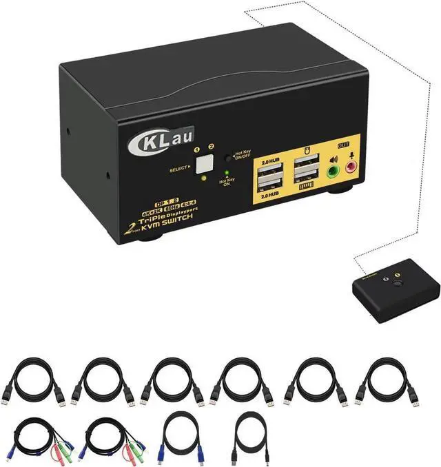 Dual Port Triple Monitor KVM Switch Displayport with Audio Output USB 2.0 Hub and Cables Support Extended Display Resolution Up to 4096x2160 60Hz 4:4:4