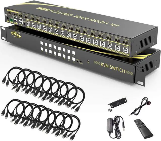 eKL 16 Port HDMI KVM Switch Supports Hotkeys Switching up to 4K 60Hz 4:4:4 16 PCs Laptops Sharing with One Set of Keyboard and Mouse