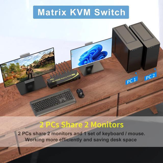 EKL Matrix Dual Monitor KVM Switch 2x2 HDMI 4K 60Hz 4:4:4 HDCP 2.2 Supports Extended Didplay And PC1 PC2 Display On 2 Monitors Separately
