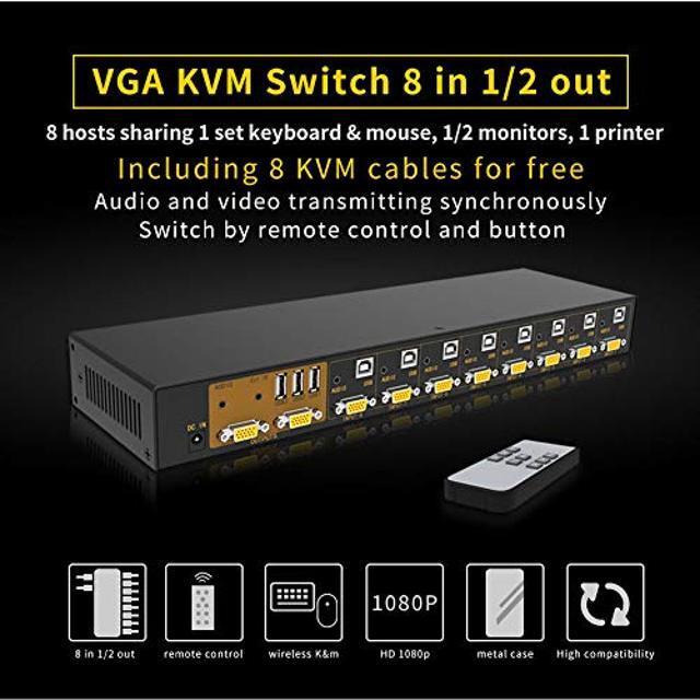 EKL VGA KVM Switch 8 Port In 2 Out Switcher 8x2 Supports Basic Keyboard And Mouse Audio USB 2.0 Devices Sharing 8 Computers