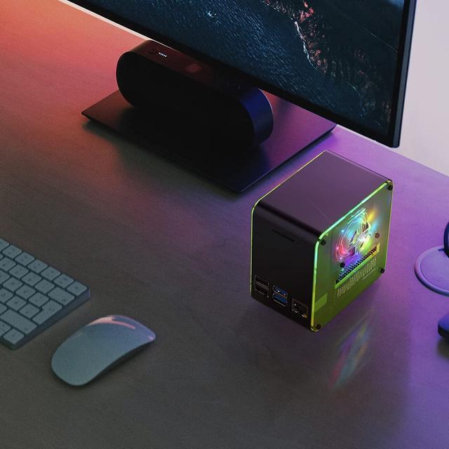 ElectroCookie PIZEN Raspberry Pi 4 Case Miniature Desktop Aluminum Case With Cooling Fan And Color Changing Ambient Light (Matte Black & Neon)