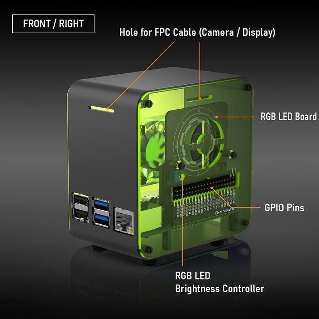 ElectroCookie PIZEN Raspberry Pi 4 Case Miniature Desktop Aluminum Case With Cooling Fan And Color Changing Ambient Light (Matte Black & Neon)