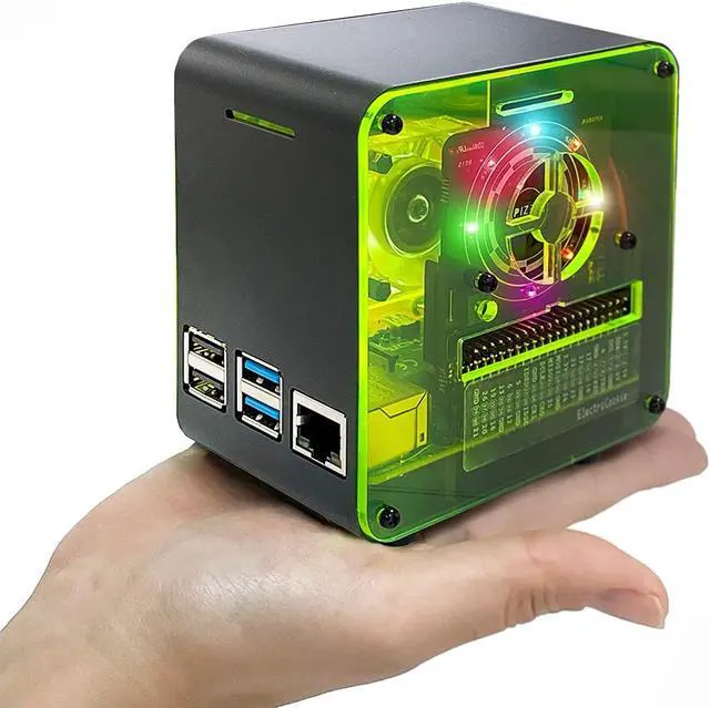 ElectroCookie PIZEN Raspberry Pi 4 Case Miniature Desktop Aluminum Case with Cooling Fan and Color Changing Ambient Light (Matte Black & Neon)