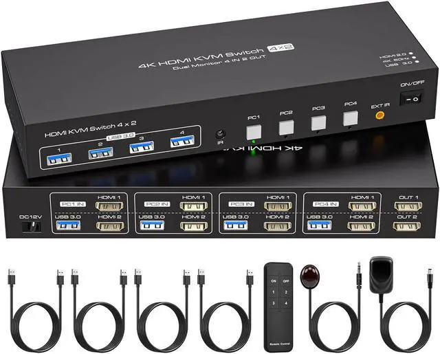 ESTONE 2 Port HDMI Dual Monitor KVM Switch 2 Monitors 4 Computers 4K 60Hz USB 3.0 KVM Switches for 4 PC or Laptops Share Dual Monitor and 1 Set of Keyboard Mouse Printer and Scanner