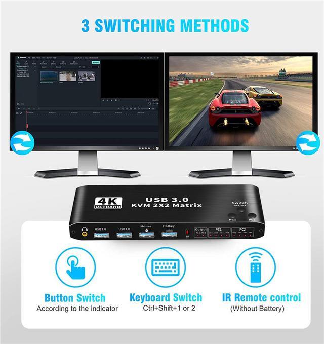 ESTONE 2X2 4K HDMI Matrix KVM Switch For 2PC Share 2 Monitor And One Keyboard Mouse And Two USB3.0 Port 4K 60Hz Hotkey Support One-button Switch/Hotkey Switch RGB 4:4:4 USB Hub Audio