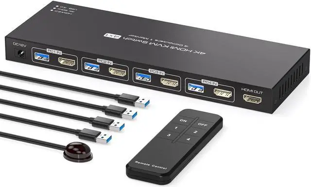ESTONE 4 Port HDMI 4x1 HDMI KVM Switcher Switch HDMI 2.0 4K 60Hz Supports 4 Ports USB 3.0 Devices Control up to 4 HDMI Port Device with Wired Controller