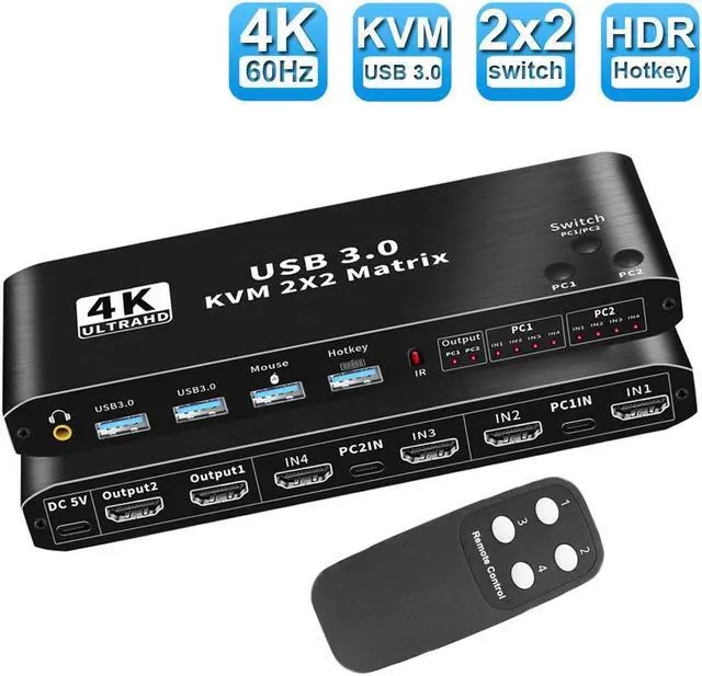 ESTONE 4K 60Hz 2X2 Matrix HDMI KVM Switch 2 in 2 Out Box with 2 Computers 2 Monitor 2 PCs Share 1 Set of Keyboard Mouse 2 USB3.0 Hubs for Mac Windows