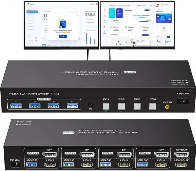 ESTONE 4K 60Hz HDMI+DisplayPort Dual Monitor kvm Switch 2 Monitors 4 Computers 2K 120Hz USB 3.0 Extended Display KVM switcher with 4 USB3.0 Ports Wired Controller