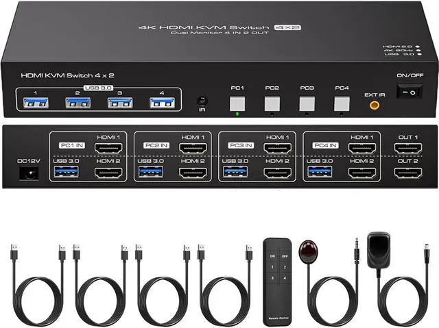 ESTONE 4K 60Hz HDMI+HDMI Dual Monitor kvm Switch 2 Monitors 4 Computers 2K 120Hz USB 3.0 Extended Display KVM switcher with 4 USB3.0 Ports Wired Controller