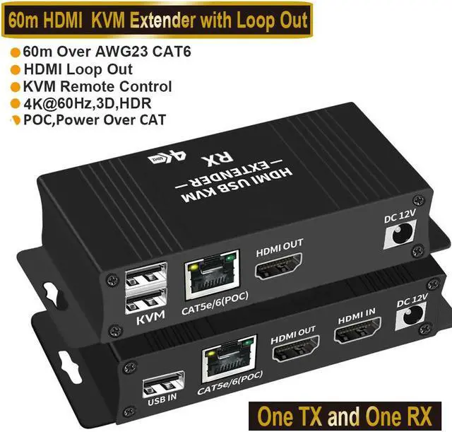 ESTONE 4K 60Hz HDMI KVM USB Extender Over Cat5e/6 196ft/60M 2 USB 2.0 Ports Zero-Latency Plug and Play No Driver Supports All Operating System Keyboard and Mouse USB Over Ethernet
