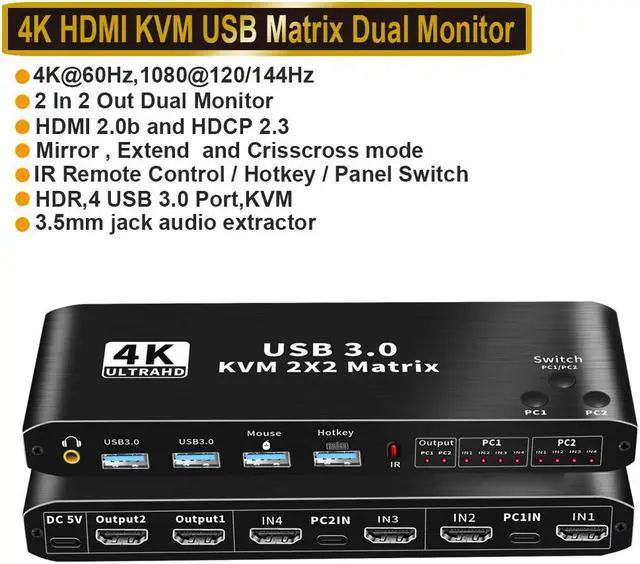 ESTONE 4K 60Hz HDMI Matrix KVM Switch with USB 3.0 2 in 2 Out 2 Port KVM Switch for 2 Computers 2 Monitor 2 PCs Share Dual Monitor 1 Set of Keyboard Mouse Printer for Mac Windows