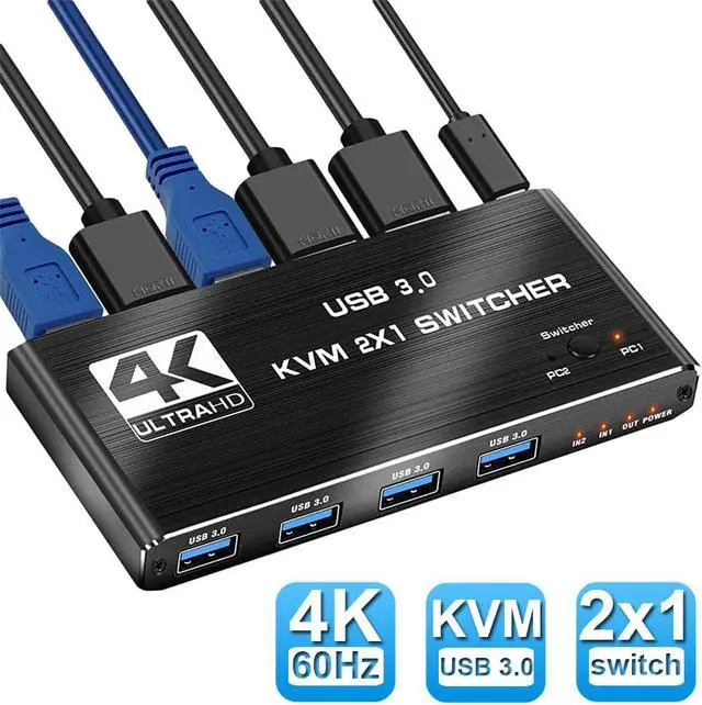 ESTONE 4K 60Hz HDMI2.0 KVM Switch 2 Computers 2 in 1 Out 2 Port Type-C HDMI KVM Switch with 4USB3.0 Port Keyboard Mouse for MacBook USB-C HDMI PC