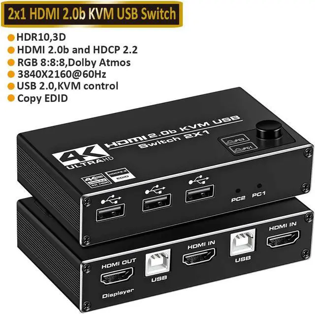 ESTONE 4K 60Hz HDMI2.0 USB KVM Switch 2 in 1 Out Box with 2 Computers 1 Monitor 2 PCs Share 3USB Hubs for Mac Windows