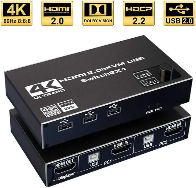 ESTONE 4K 60Hz USB HDMI KVM Switch 2 in 1 Out for 2PC Share 1 Monitor and 3 USB Port Support 4K 60Hz HDMI2.0b HDCP2.2 YUV:4:4:4 One-button Switch