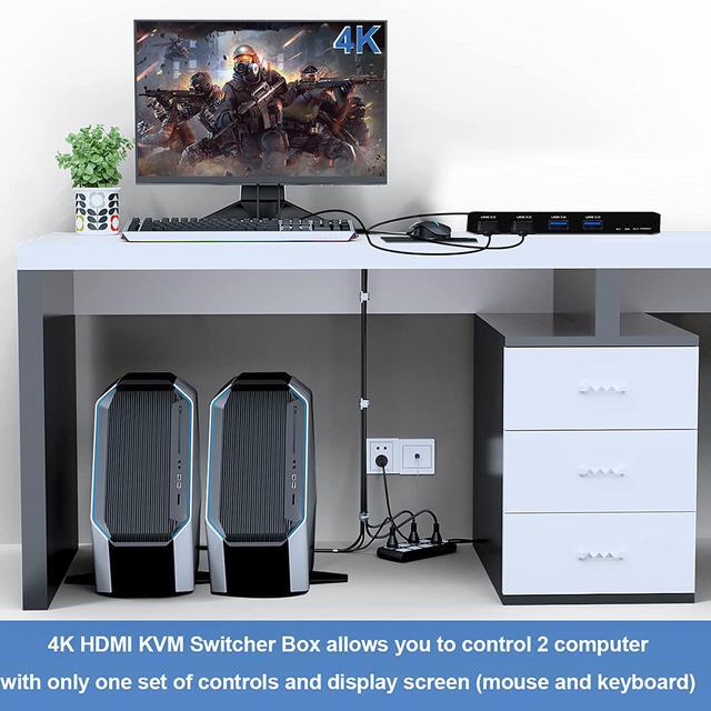 ESTONE 4K HDMI KVM Switch 2 In 1 Out 2 Computers 1 Monitor Share 4USB3.0 Port Keyboard Mouse Printer Switcher Switch