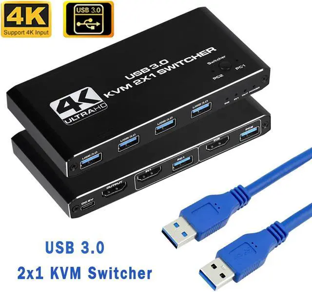 ESTONE 4K HDMI KVM Switch 2 in 1 Out 2 Computers 1 Monitor Share 4USB3.0 Port Keyboard Mouse Printer Switcher Switch